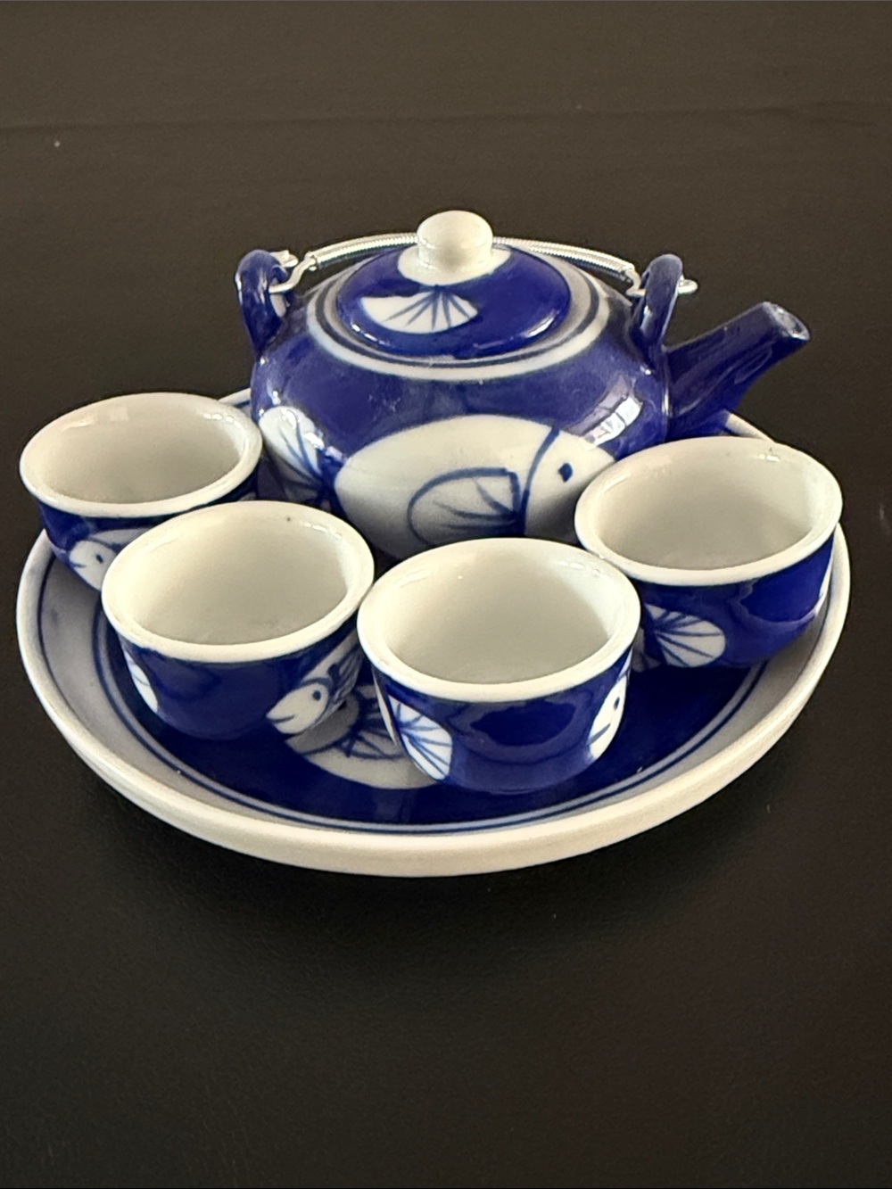 Blue & White Mini Ceramic Tea Set with Fish Motif